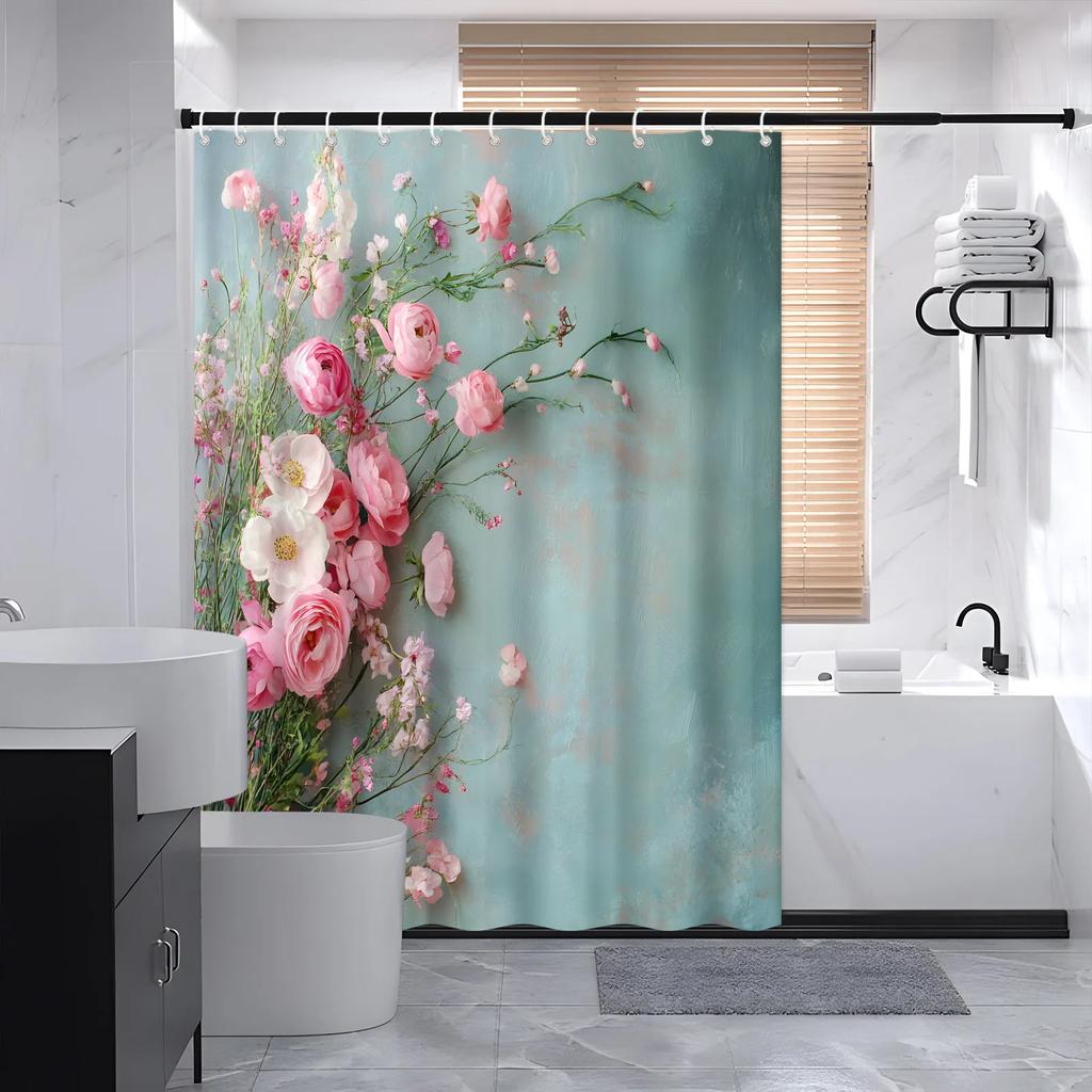 Elegante Tenda da Doccia Vintage con Rose e Ranuncoli - Bouquet Rosa e Bianco su Azzurro Pastello, Design Romantico, Poliestere Lavabile in Lavatrice
