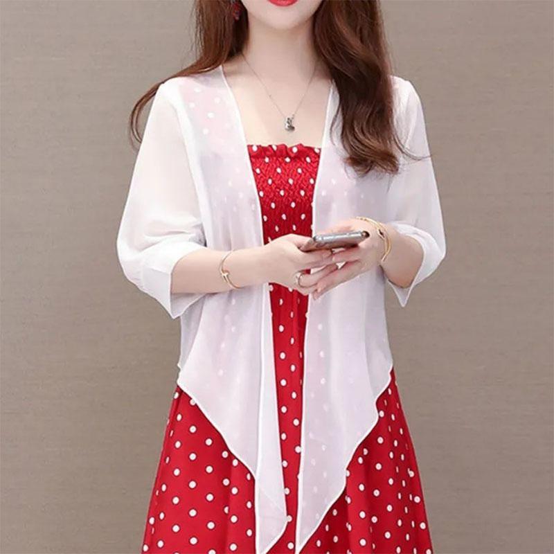 Shawl-style Top Women's All-match Short Chiffon Sunscreen Cardigan with A Thin Skirt