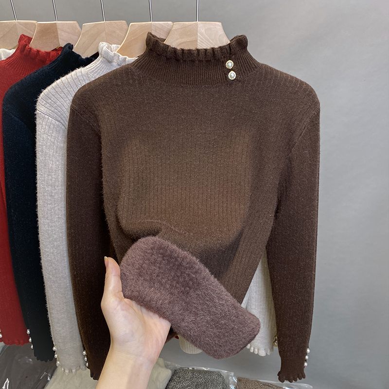 

Утепленный флисом женский вязаный свитер Зимний однотонный пуловер с полувысоким воротником Вязаный свитер 3XL коричневый