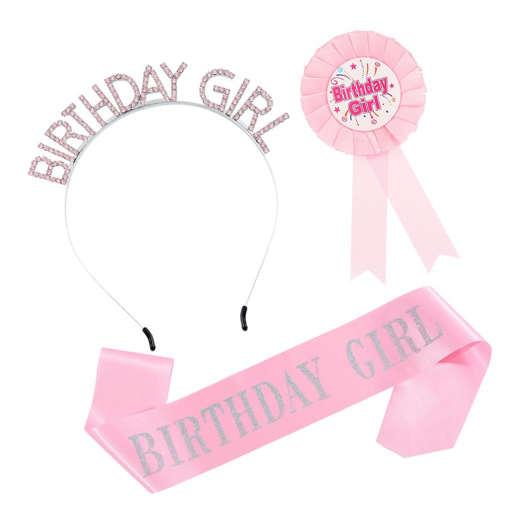 3Pcs Birthday Girl Accessories Set With Glittering Sash Rhinestones Headband Decorative Pin For Birthday Decoration
