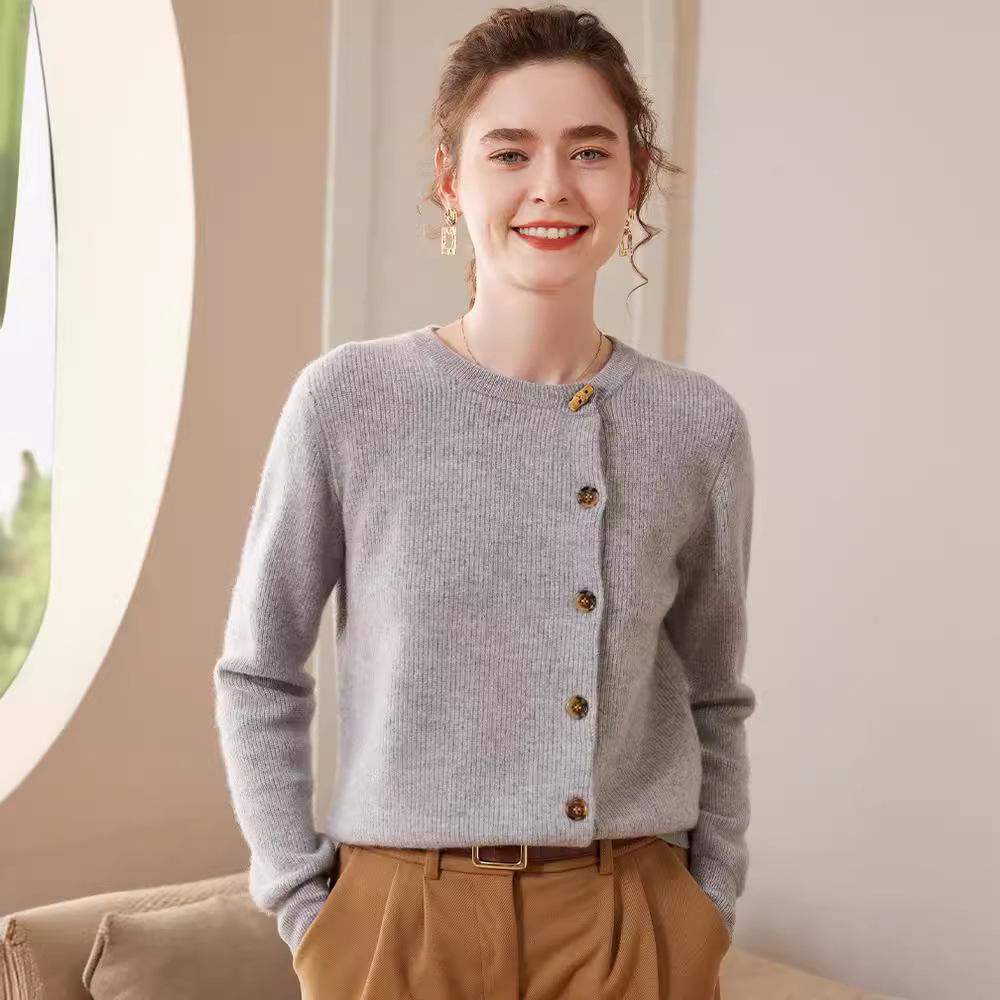 Damen Roter Kaschmir Rundhals-Cardigan - Unifarben, Seitenknopf, Locker, Figurschmeichelnde Strickoberbekleidung