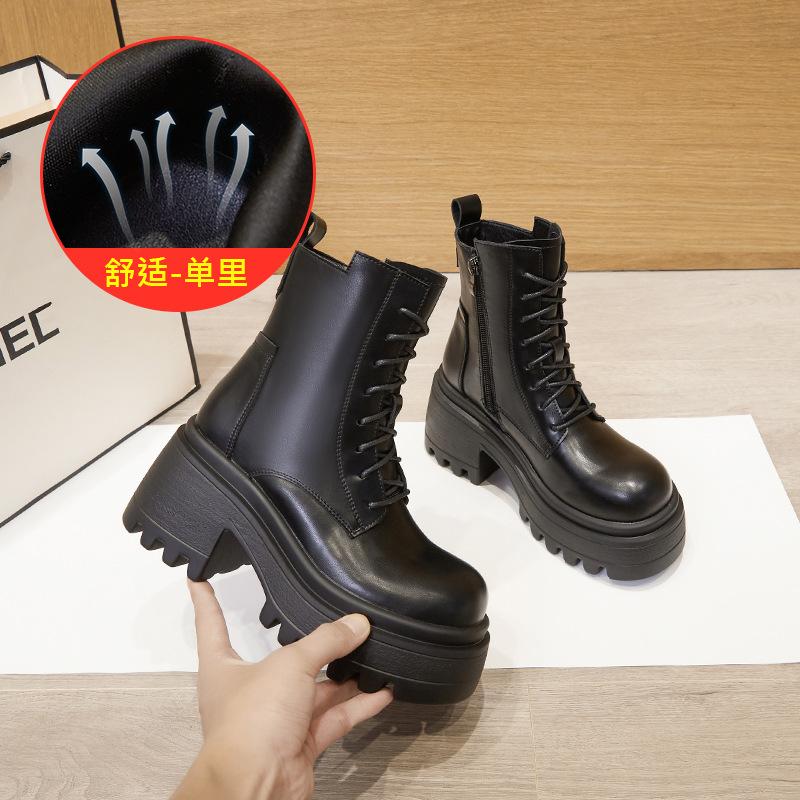 2025 new platform Martin boots women's British lace-up round head thick heel height increase thin Internet celebrity short locomotive boots