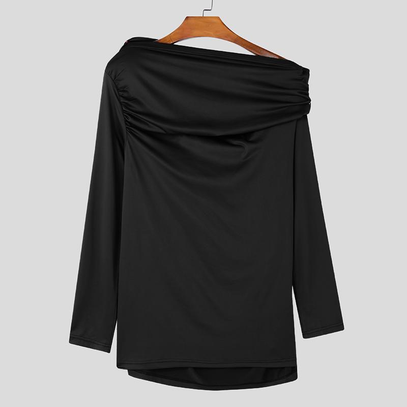 

INCERUN Мужские топы с длинным рукавом и открытыми плечами, с оборками, асимметричные, длинные, облегающие XL чёрный