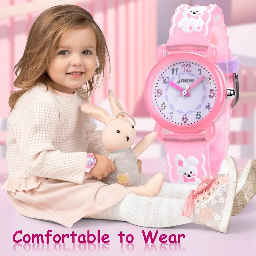 Maeau Kids Quartz Analog Watch Waterproof Pink Rabbit Design Girls Wristwatch for School and Birthdays
