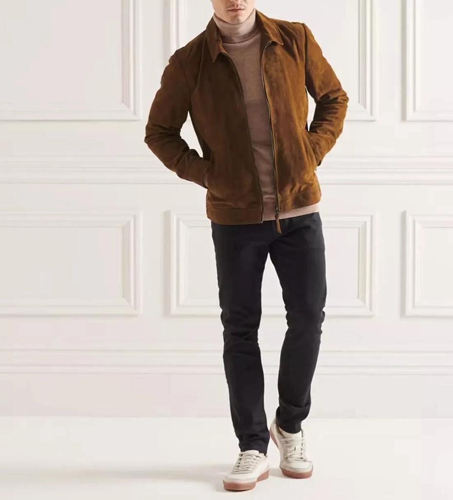 Pure Soft Suede Moto Biker Style Genuine Real Lambskin Leather Jacket Men Brown