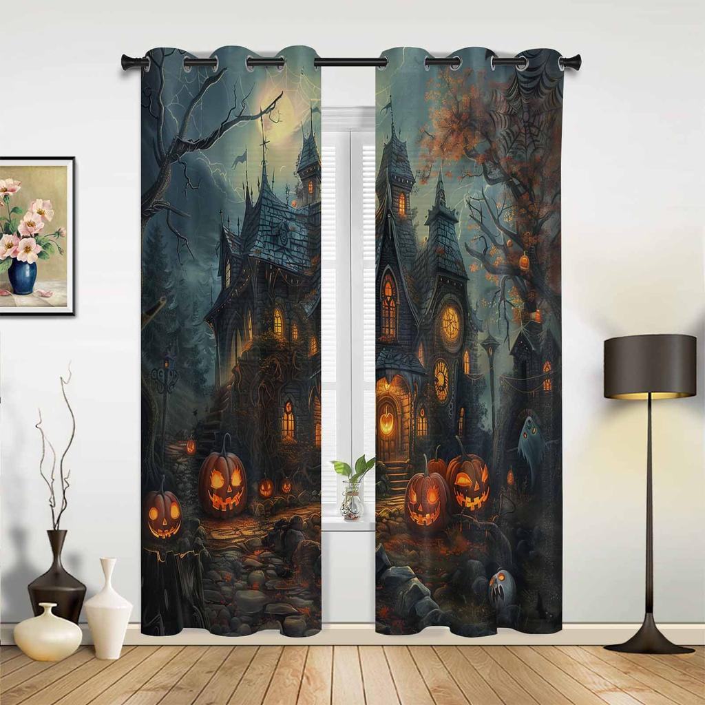 Halloween Horror Pumpkin Bat Curtains for Bedroom Living Room Drapes Kitchen Children's Room Window Curtain Modern Home Decor
