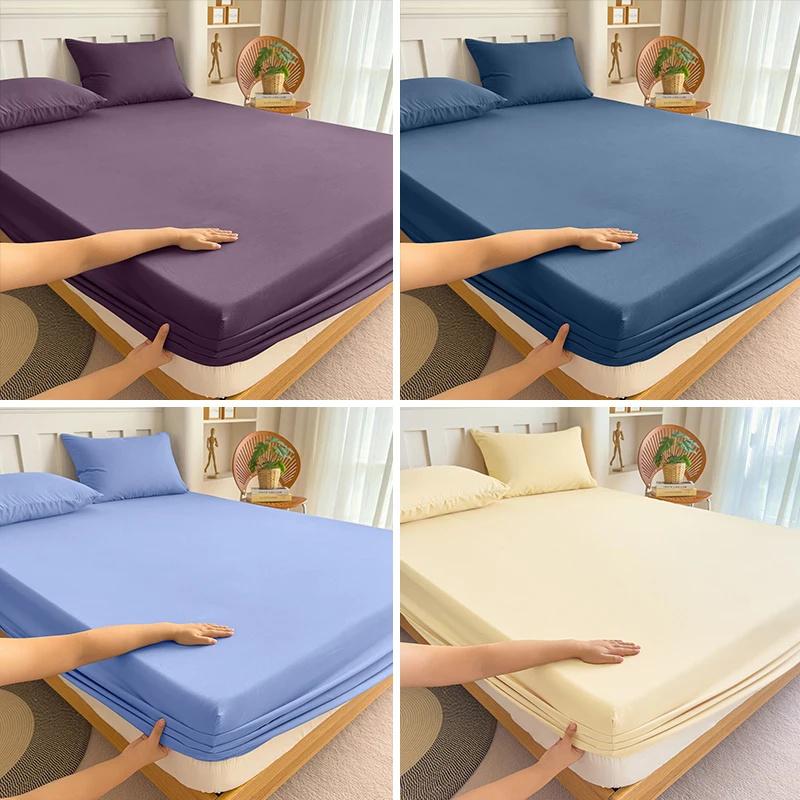 3PCS Bedding Set Fitted Bed Sheet With Elastic Band Solid Color Mattress Covers Protector For Single Double King Beds Single Double King Queen Beds