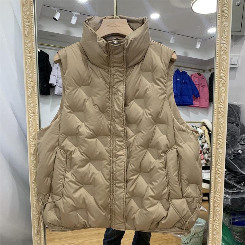 Women Light Weight Thermal Seamlessly Sleeveless White Duck Down Jacket All Match Chic Loose Stand Collar Down Vest