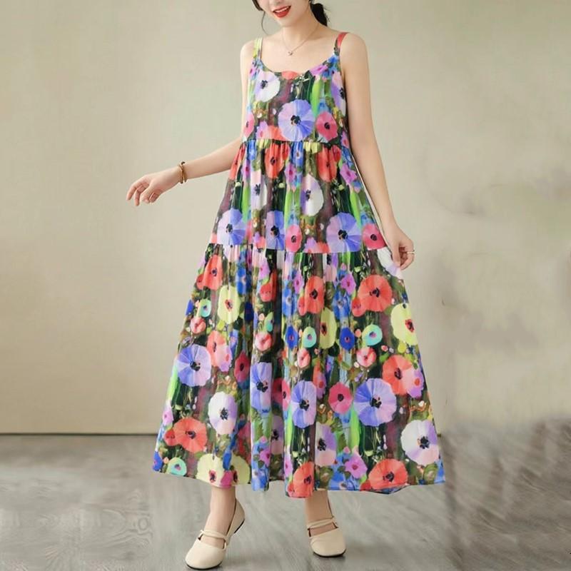 Sleeveless Strap Cotton Vintage Floral New In Dresses For Women Casual Long Summer Dress Elegant Clothing