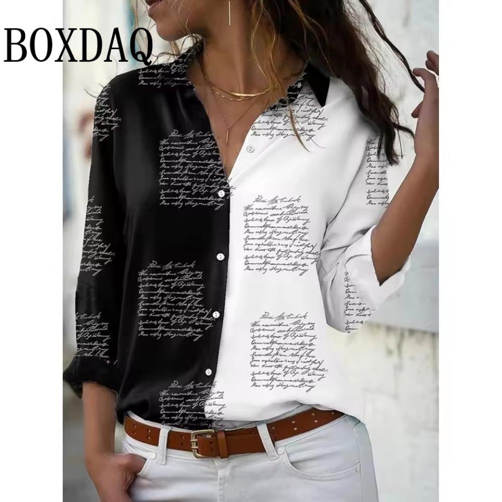New Summer Women s Fashion Shirt New Black White Contrast Color Letter Tops Women s Button Lapel Casual Loose Long Sleeve Blouse S