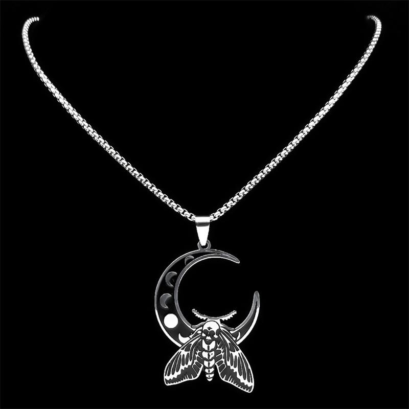 Witch Luna Moth Skull Crescent Necklace for Women Men Stainless Steel Gothic Insect Moon Phase Chain Jewelry Necklace