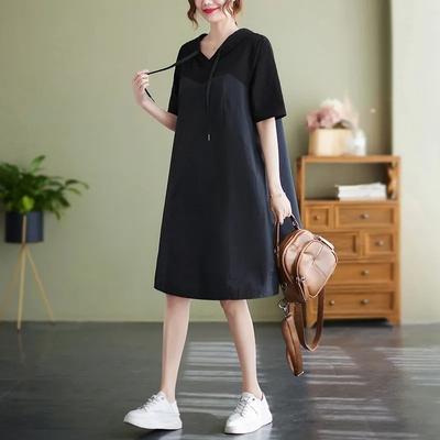 Big Size Dress Women Summer Cotton Loose Skinny Dress Casual Hooded Sweatshirt Long Skirt