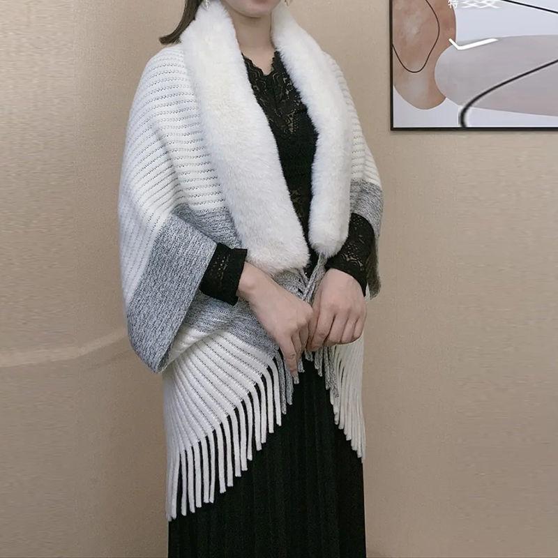 Women's Korean Style Knitted Batwing Sleeve Tassel Cloak with Fur Collar - Autumn/Winter 2025