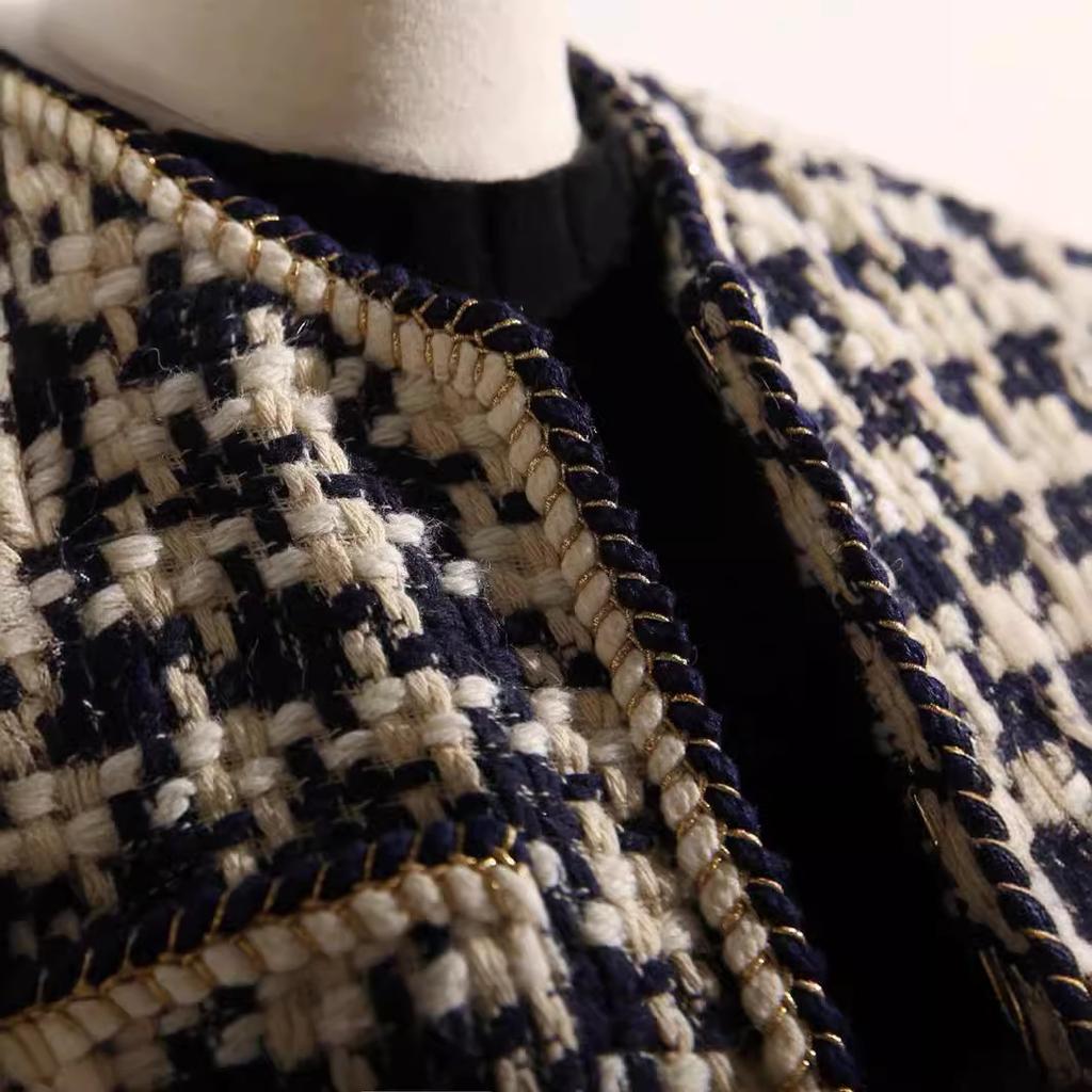 Bright Silk Bright Line Decoration Plaid Vintage O-Neck Long Sleeve Women's Jacket Covered Button Short Jackets Coat Women