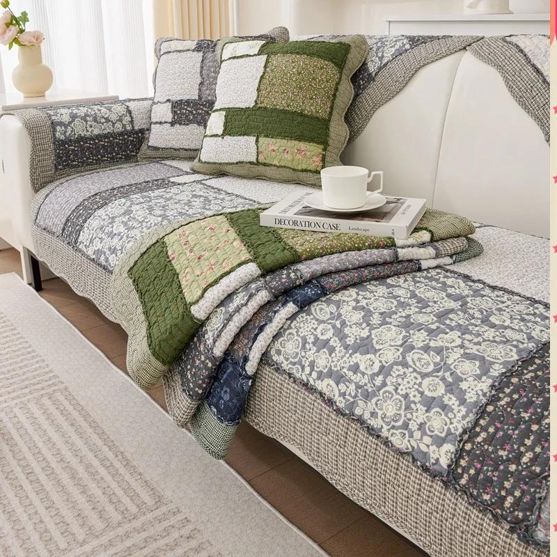 Cotton Sofa Cushion Four Seasons Universal Splicing Pastoral Style Couch Cushion Three Color Wooden Ear Edge Non-slip Sofa Cover