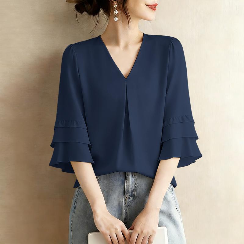 ZANZEA Women Casual V-Neck Ruffles 3/4 Sleeve Solid Color Loose Blouse S тёмно-синий