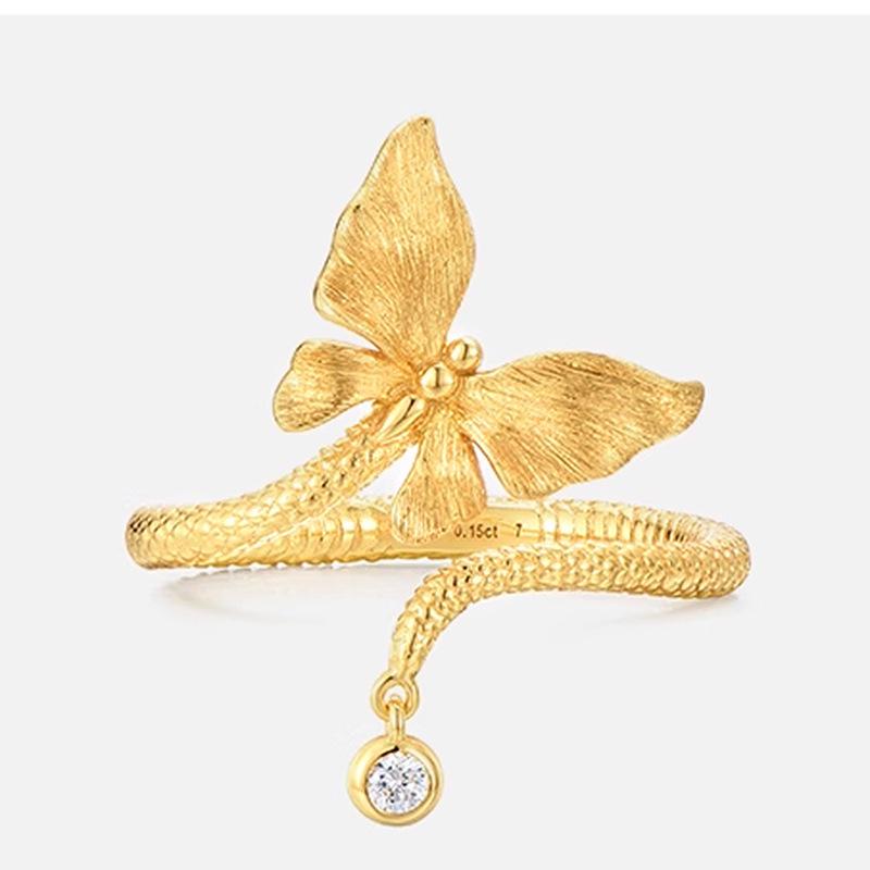 Gold Butterfly Spirit Snake Ring for Women - Diamond Studded with Brushed Finish Butterfly Tassel Adjustable Open Size
