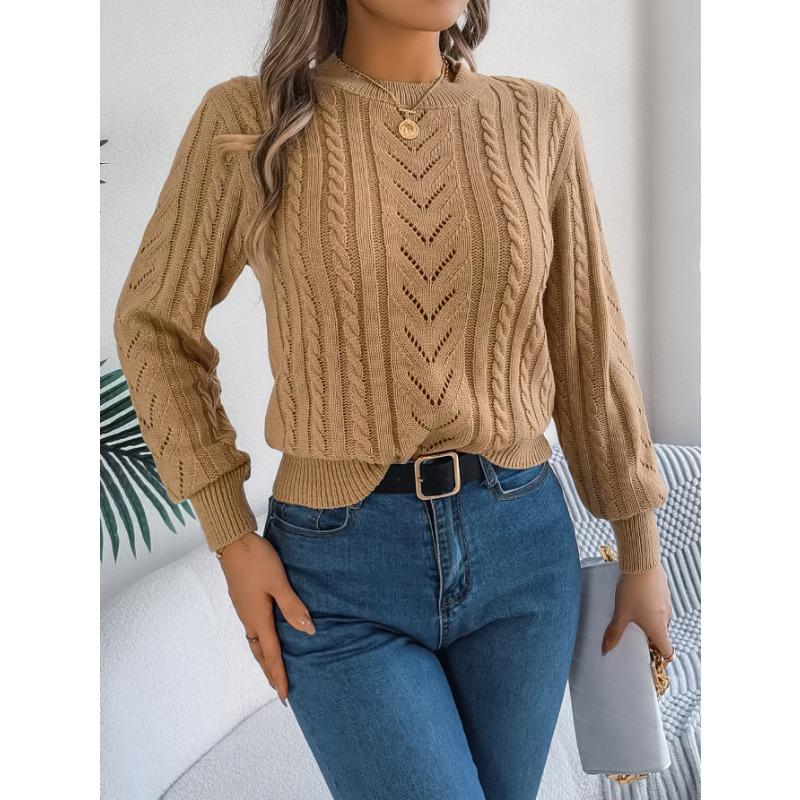 Women Autumn Winter Casual Solid Color Hollow Out Lantern Sleeve Pullover Sweater