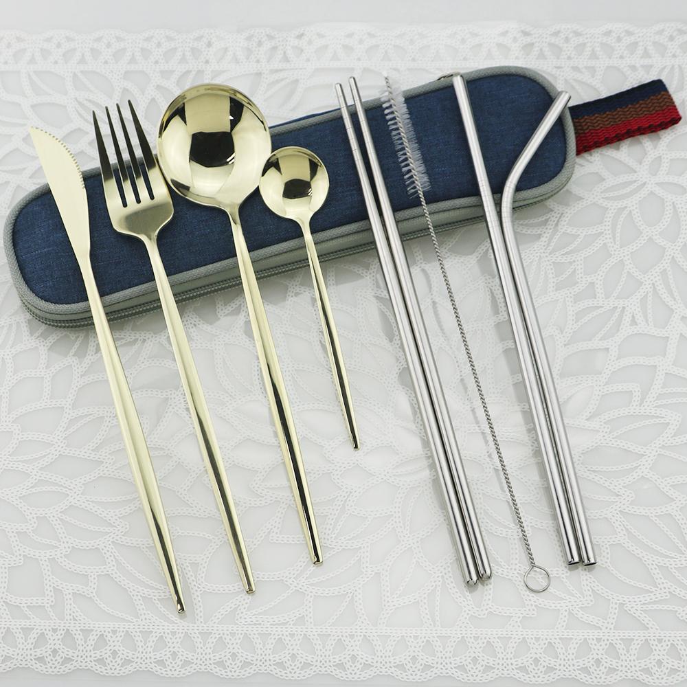 9pcs/Set Travel Cutlery Set Portable Gold Dinnerware Set Stainless Steel Tableware Set With Metal Straw Brush Chopsticks Bag