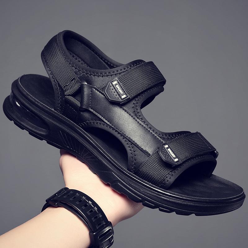 Solid-color outdoor round-toed perforated breathable and anti-slip Velcro elastic design men's casual beach  Flat Designer Shoes