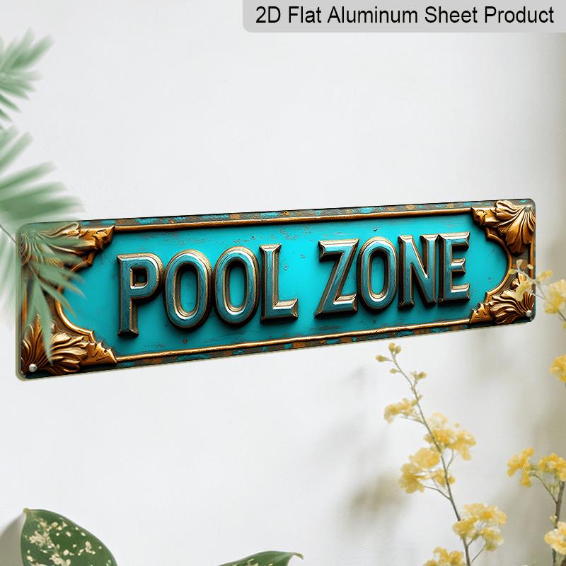2D Flat, 1pc Vintage Aluminium Decorative Sign, A Captivating Wall-Mounted Decoration Called POOL ZONE with A Frame of Golden Leaves. It Is Suitable