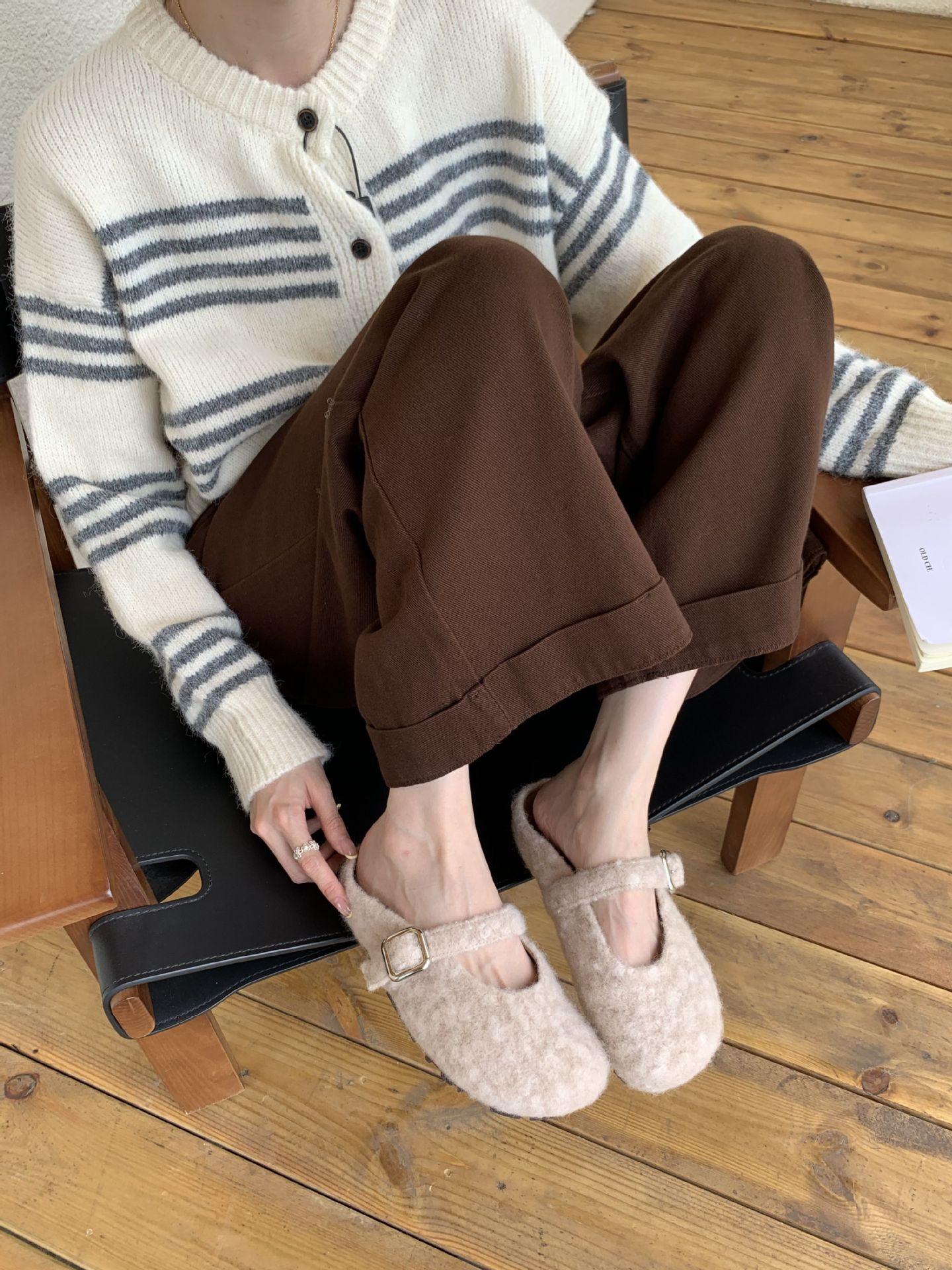 

Fashion Women Lambswool Slippers Winter Sheep Fur Shoes Ladies Flat Cotton Slides Home Pantuflas Daily Slip on Furry Mules 40 абрикосовый