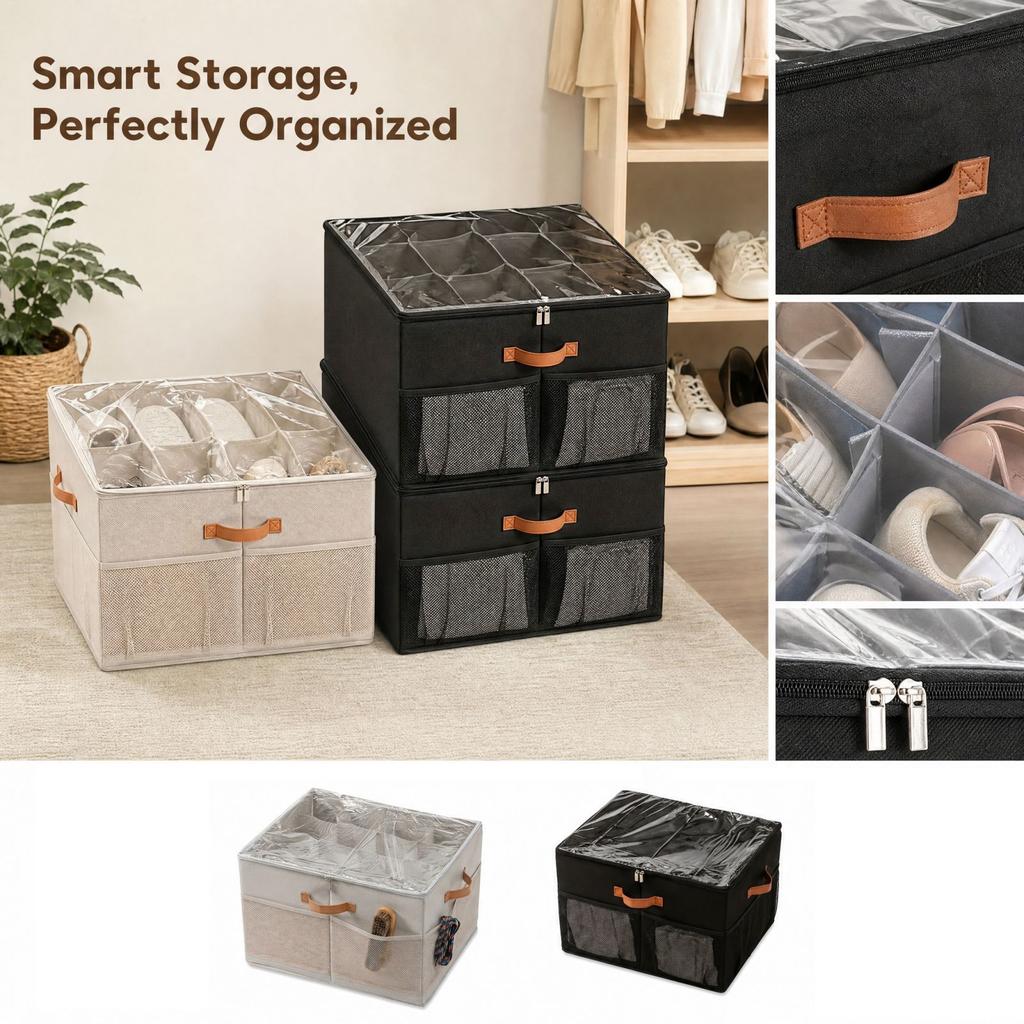 Shoe Box with 12/16/20 Grids, Large Capacity Slipper and Shoe Storage Container for Closet, Home