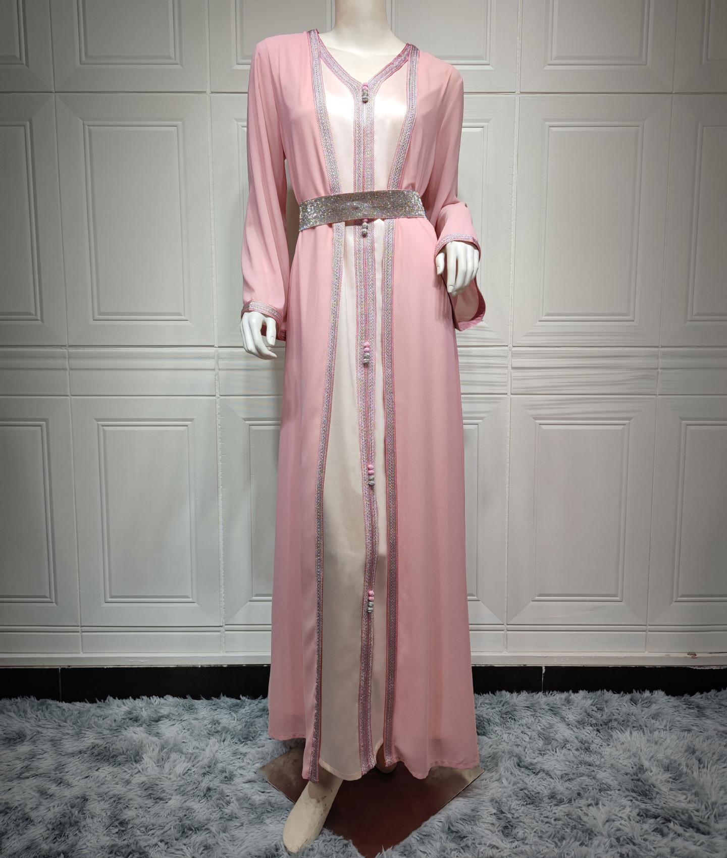 

Женский шифон с V-образным вырезом, облегающий комплект из двух предметов, мусульманское платье, халат Dubai, многоцветный XXL розовый