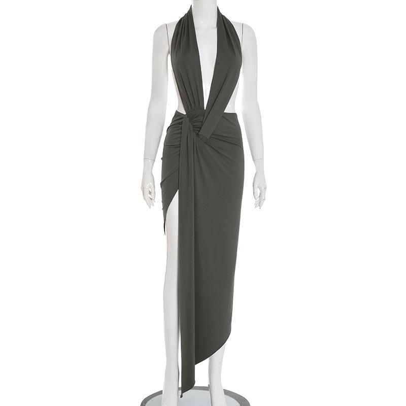 Европейско-американское женское сексуальное платье-миди с вырезом-халтер, плиссированное, облегающее бедра - C25DS214 Cross2025 Small серый/зелёный