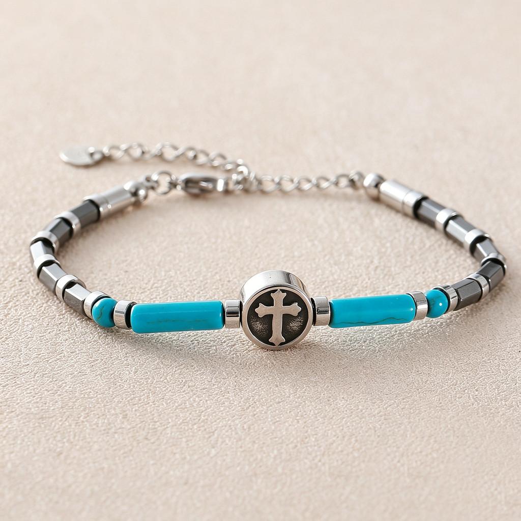 Mens Black Stainless Steel Cross Bead Bracelet With Turquoise Stone For Fashion And Gift