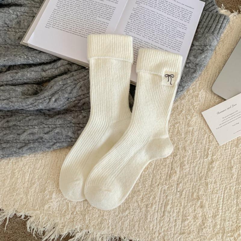 Woolen Socks, Heart-shaped Embroidered Socks, Double-threaded Bow, Striped, Thickened and Fleece Warm, Grey Pile Socks