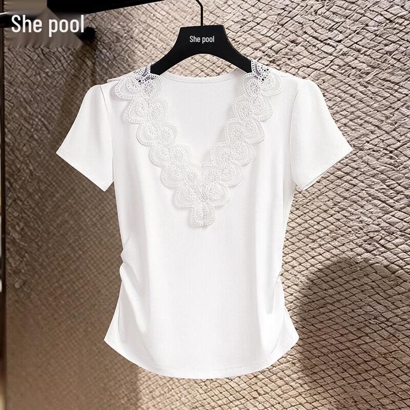 Women s French Style Lace Trim V-Neck Short Sleeve Top M