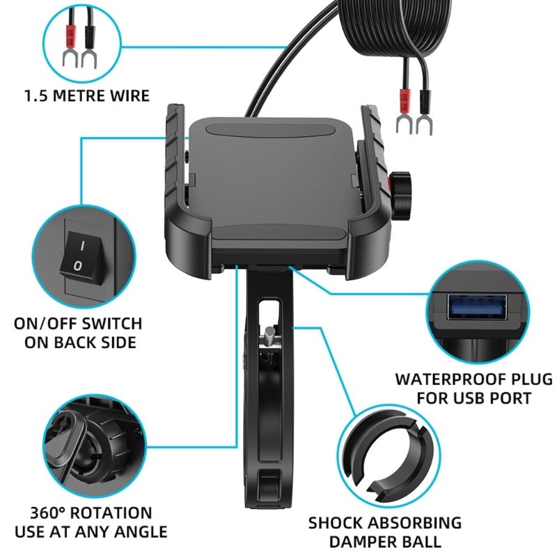 Motorcycle Phone Mount with USB3.0 Fast Charging Motorcycle Handlebar Cellphone Holder for 5-7.2inch Device