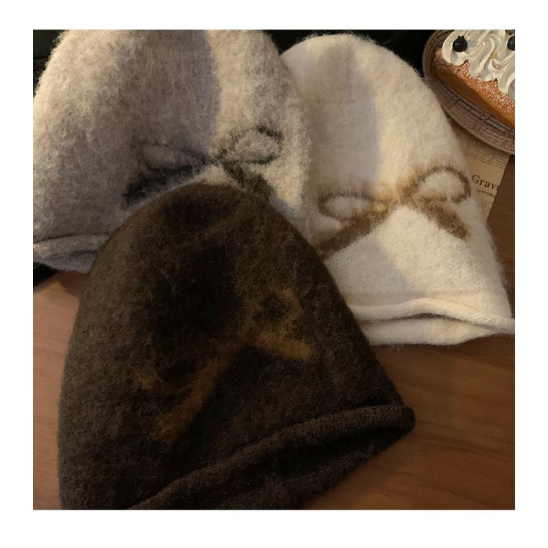 Korean Style Thick Bowknot Women S Knit Beanie Hat Autumn Winter Warm Windproof