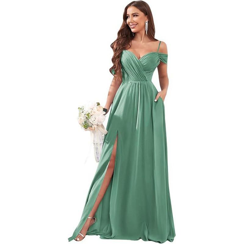 1011 new evening dress European and American bridesmaid dress suspender long dress solid color banquet evening dress