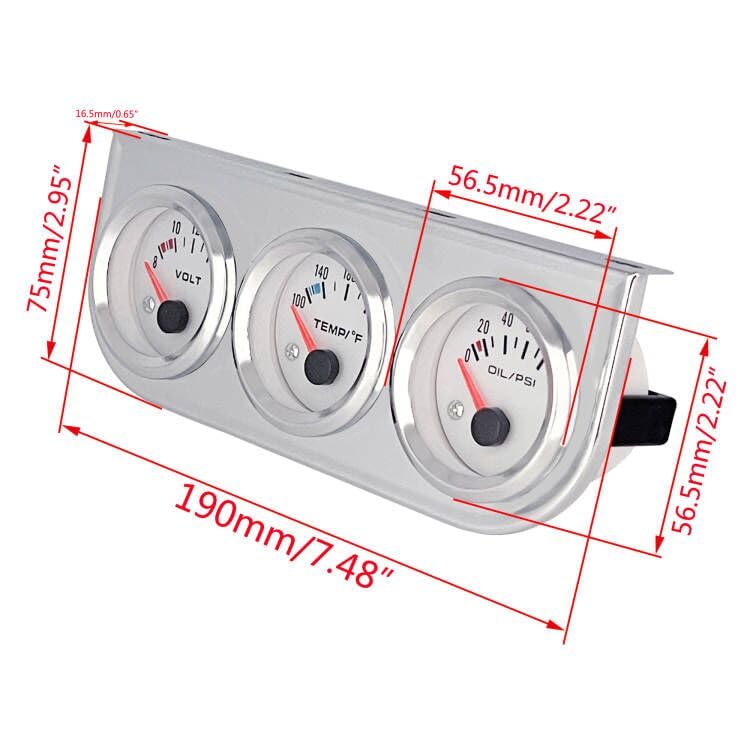 Chrome 3 in1 Triple Auto Gauge Meter Kit 52mm (8-16V Volt Meter +100-250℉ Water Temperature Gauge+ 0-100 psi Oil Pressure Meter) with Console for