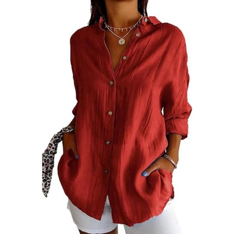 European Style Women Solid Pleated Shirt with Lapel and Roll Up Sleeves