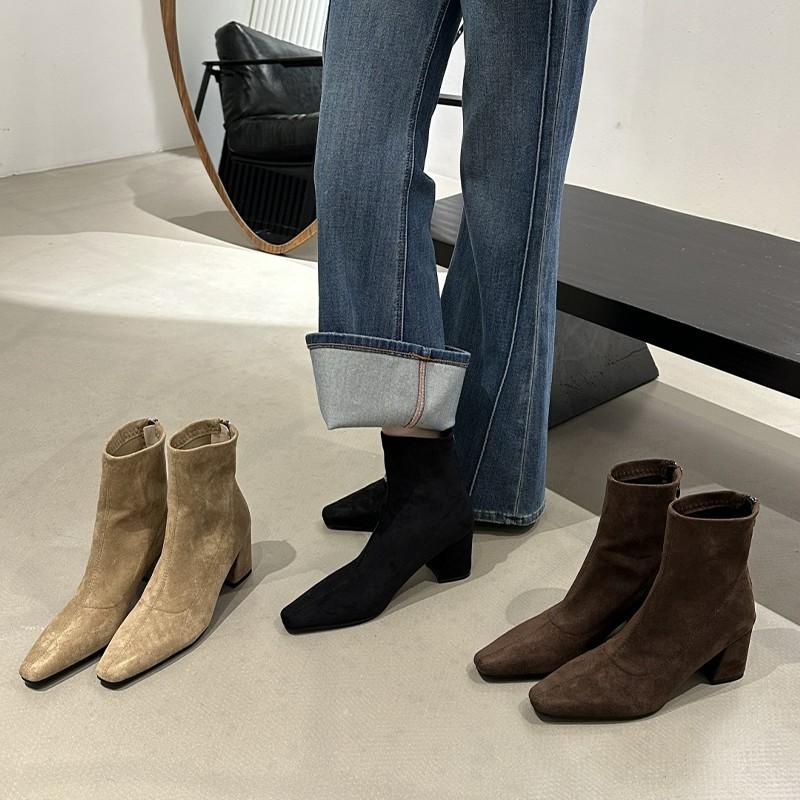 Damskie Jesienne Nowe Proste Jednokolorowe Zamszowe Botki 2025 Codzienne Do Domu Biura Na Zakupy Płytka Cholewka Gruby Obcas Wysokie Obcasy