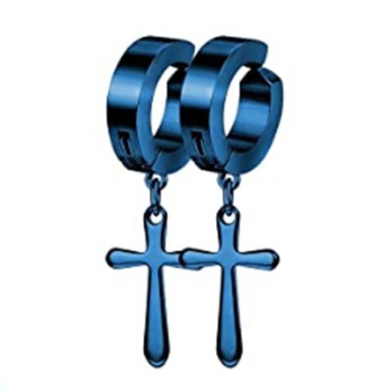 WKOUD 2PCS Stainless Steel No Piercing Cross For Men Kpop Clip On Cross Earring Gothic Punk Fake Ear Cuff Cross Earring Dangle