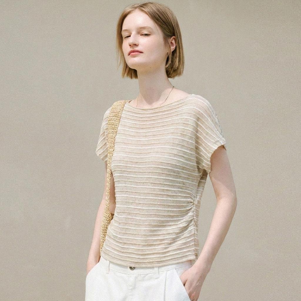 Quiet luxury linen lyocell knitted T-shirt women's summer temperament commuting senior slim-fitting short-sleeved linen cotton striped top