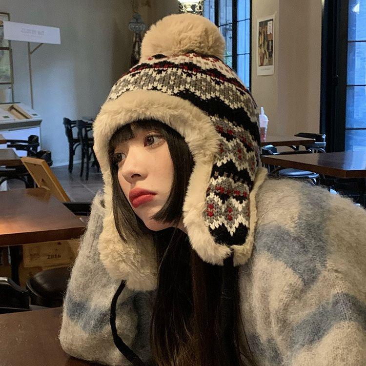 Japanese Ethnic Wind Wool Hat Women'S Autumn And Winter Lei Feng Hat Travel Skiing Ear Protection Knitted Hat Plush Thickened Warm
