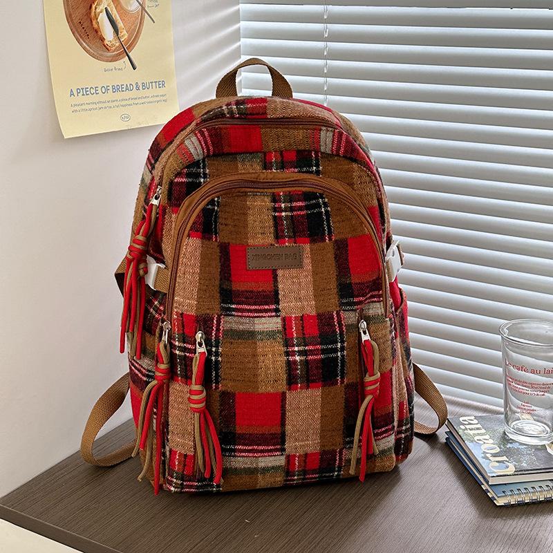 Новый японский стиль ins ретро клетчатый шерстяной рюкзак студенческий рюкзак осень и зима плюшевый нишевый школьный портфель женский красный