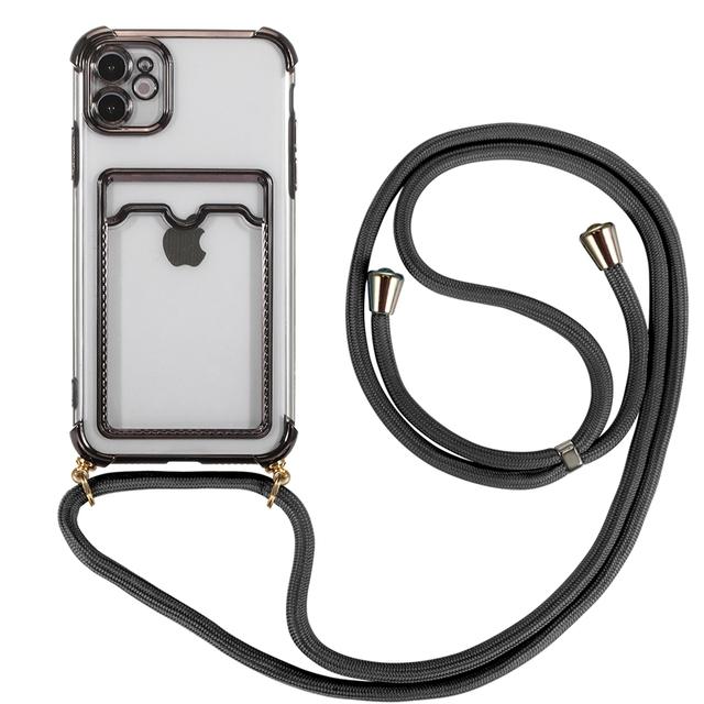 

Чехол с ремешком и слотом для карты для Iphone 14 12 11 13 Pro Max Xr X Xs 7 8 Plus, прозрачный мягкий силиконовый чехол с покрытием For iPhone14 Pro Max чёрный