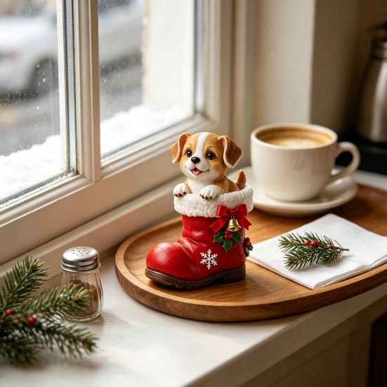 Puppy in Boots Figurine Christmas Santa Boot Resin Figurine, Cute Dog Holiday Tabletop Decor with Seasonal Living Room Accents Bow Bell Holly, Festive
