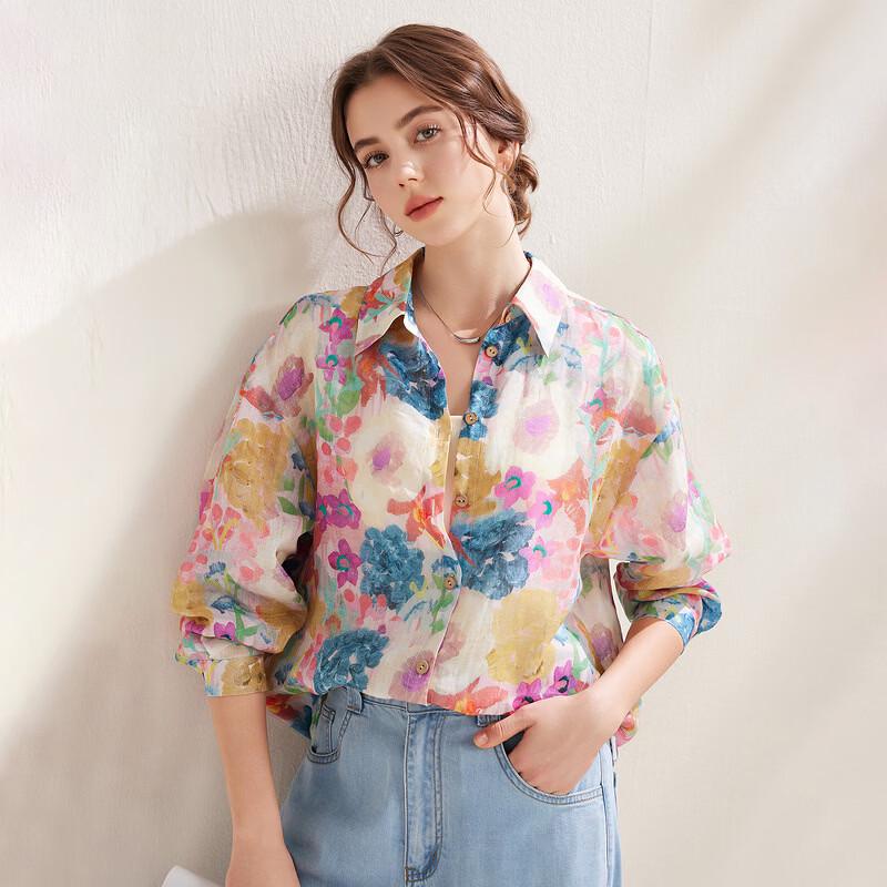 Zhaojun Women's Floral Ramie Long Sleeve Resort Blouse