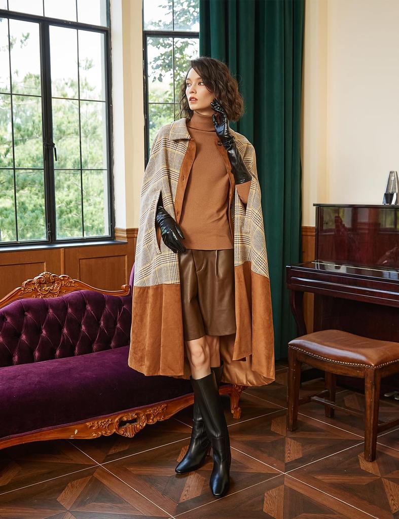 BEAUTELICATE Long Wool Blend Cape Poncho Outerwear for Check Size M Women's Coat, Cape, Cloak, Warmth, Elegant, Pocketless, Pattern, Autumn/Winter,