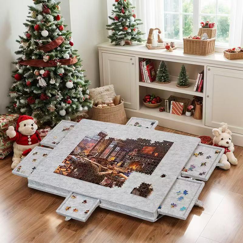 Children's Foldable Puzzle Table with Stand, Cover, and 6 Drawers - Soundproof Felt Board