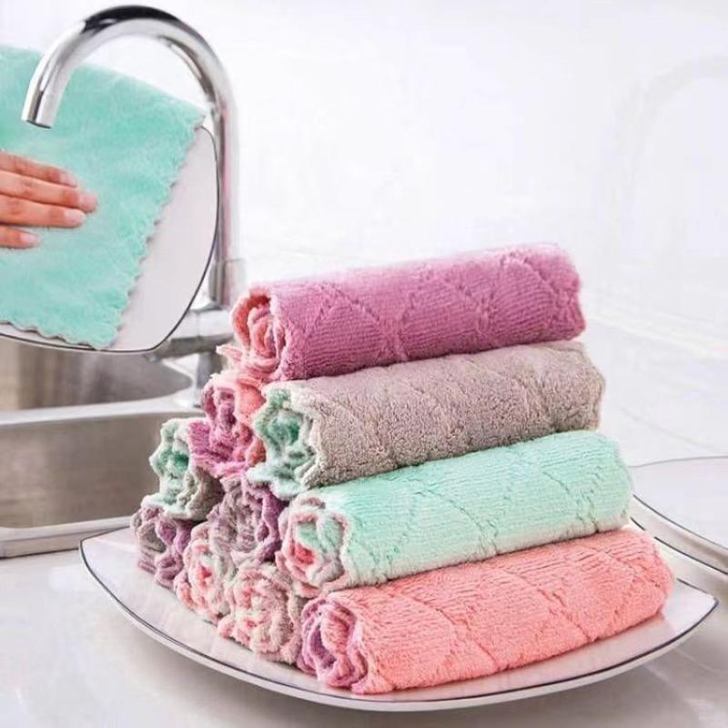 Super Absorbent Microfiber Towel Kitchen Cleaning Cloth Non-stick Oil Dishcloths Double Layer Washing Cloths Rags Scouring Pads