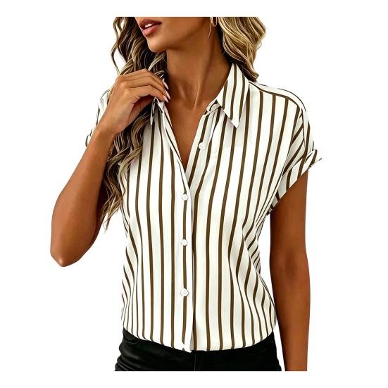 Women Shirt Drop Shoulder Placket Striped Print Short Sleeves Button Summer Shirt Loose S коричневый