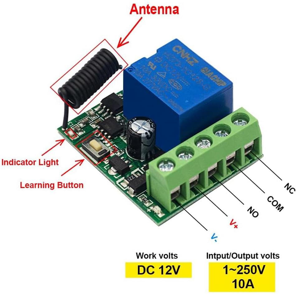 433Mhz Universeller Drahtloser Fernbedienungsschalter DC 12V 1CH Relais Empfängermodul RF Sender Momentary Toggle Latch für Tor